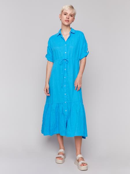Charlie B Short Sleeve Buttoned Front Long Woven Dress