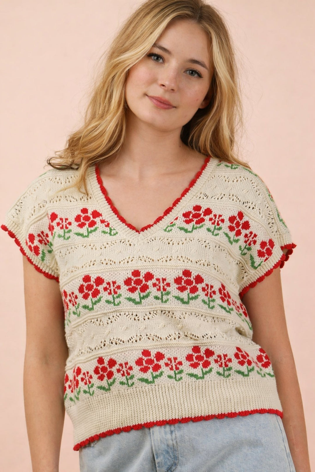 Very J Striped V-Neck Short Sleeve Sweater