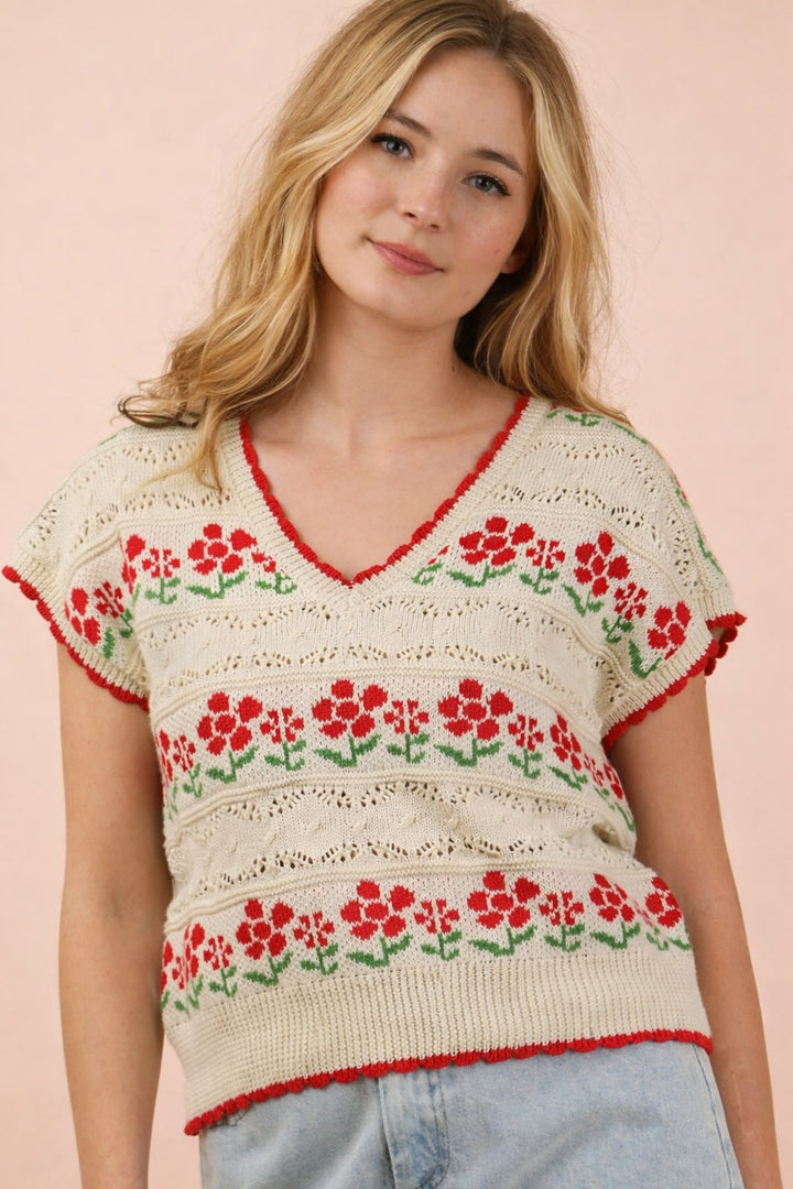 Very J Striped V-Neck Short Sleeve Sweater