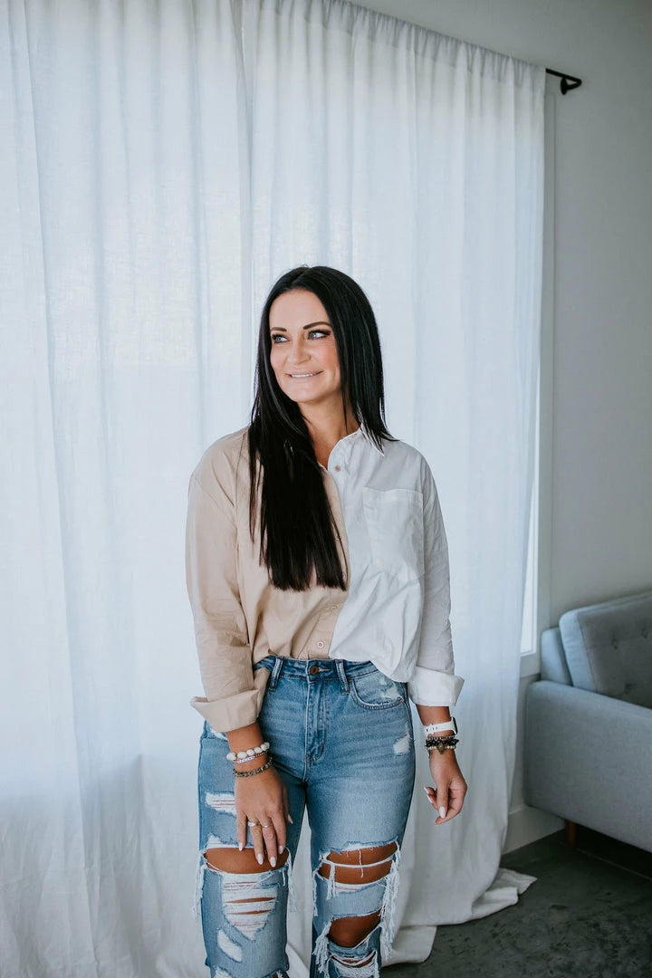 Aaron and Amber Oversize Color Block Buttondown Shirts