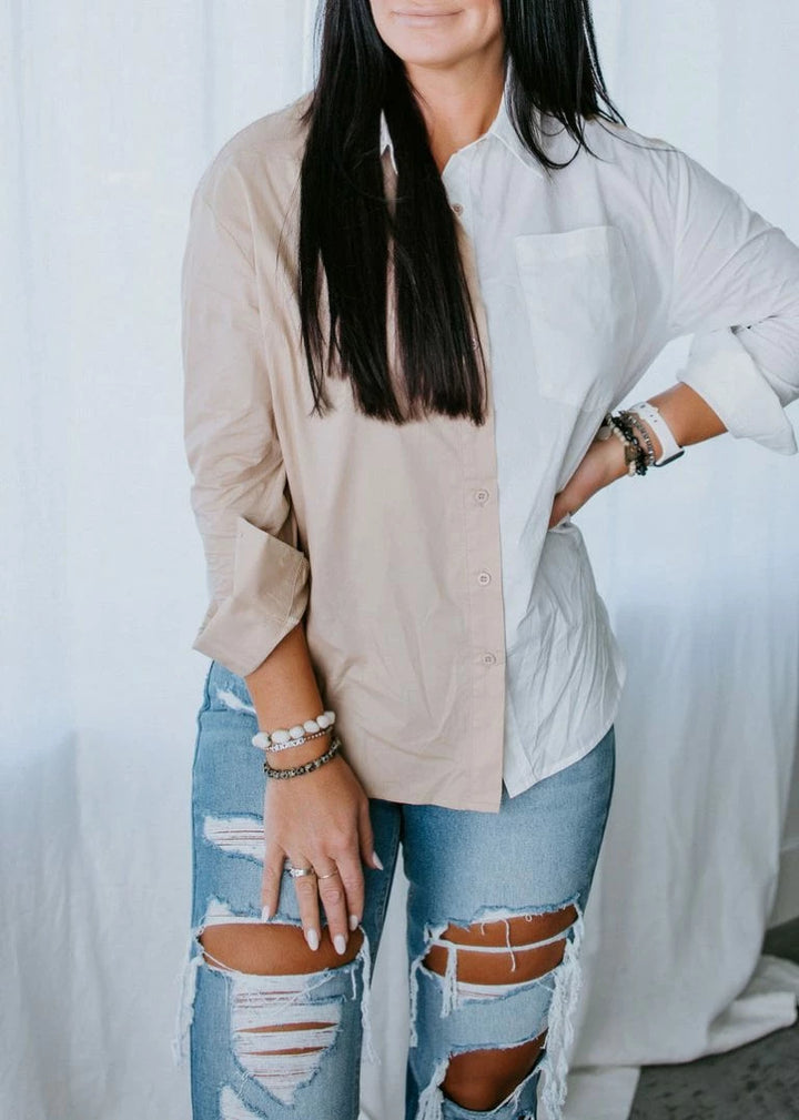 Aaron and Amber Oversize Color Block Buttondown Shirts