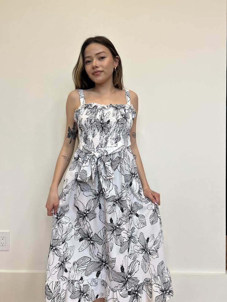 iJoah White with Black Floral Midi Dress