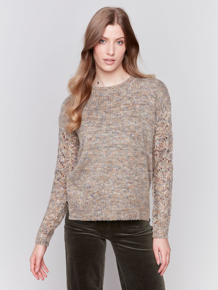 Charlie B Fishnet Sleeve Crew Neck Sweater