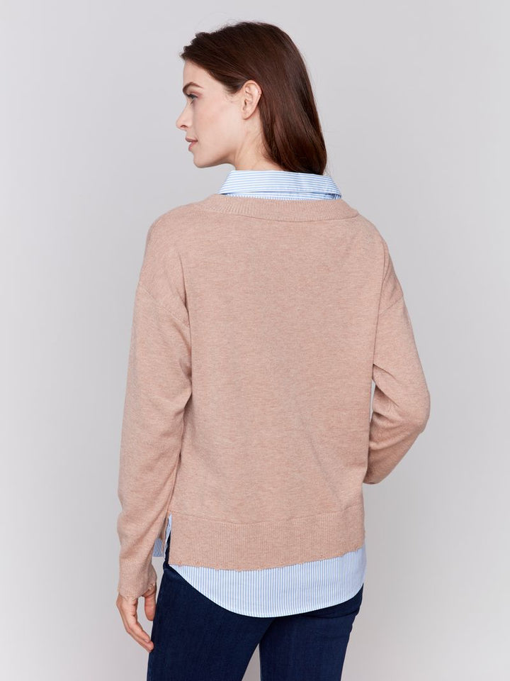 Charlie B V-Neck Fooler Sweater with Shirt Collar