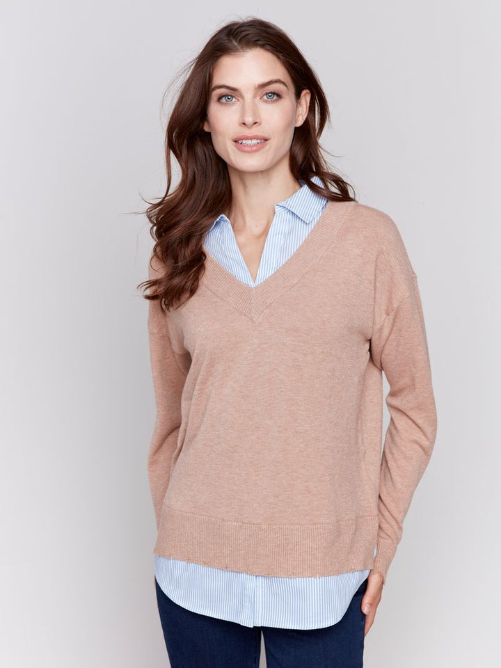 Charlie B V-Neck Fooler Sweater with Shirt Collar