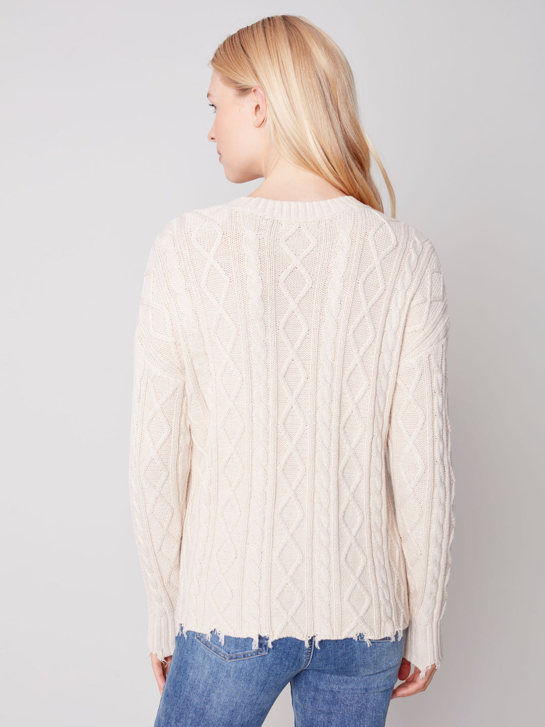 Charlie B Cable Knit Sweater With Frayed Hem