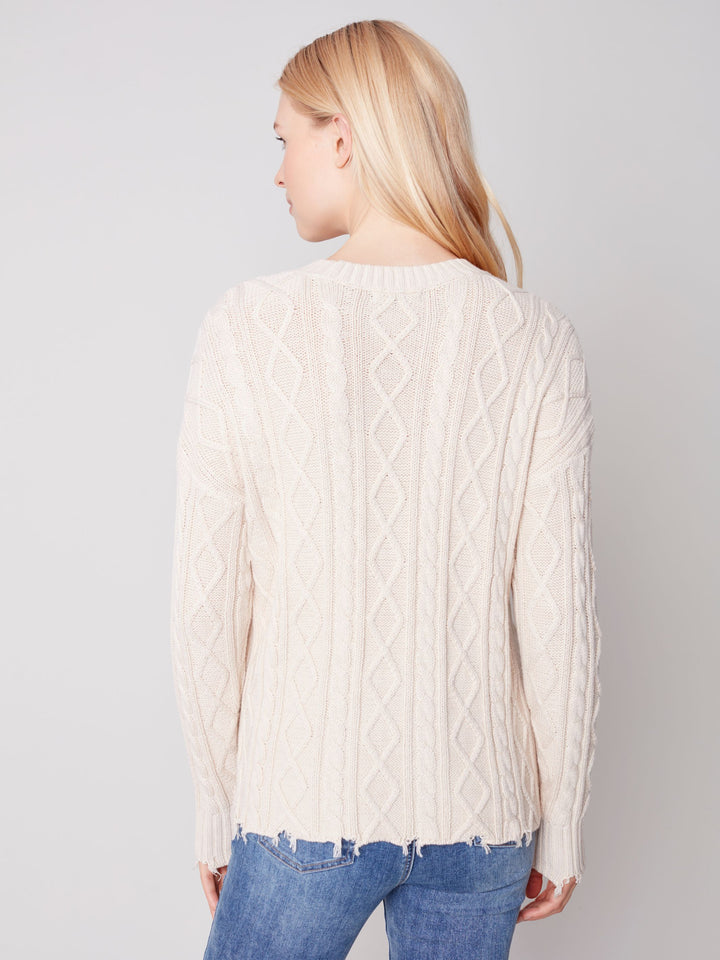 Charlie B Cable Knit Sweater With Frayed Hem