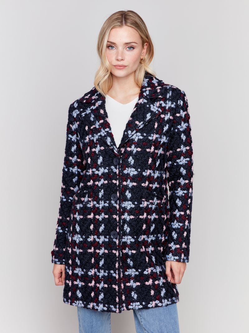 Charlie B Straight Cut Plaid Boucle Knit coat