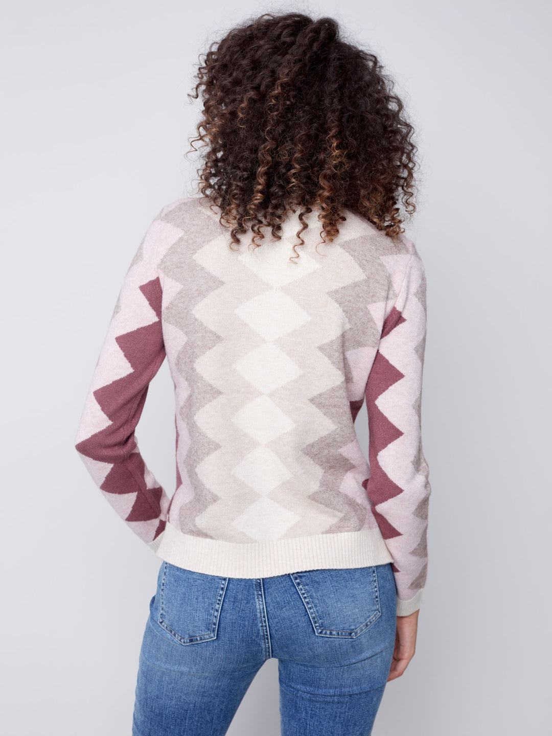Charlie B Crew-Neck Plushy Sweater with Zig-Zag Color-Block Design