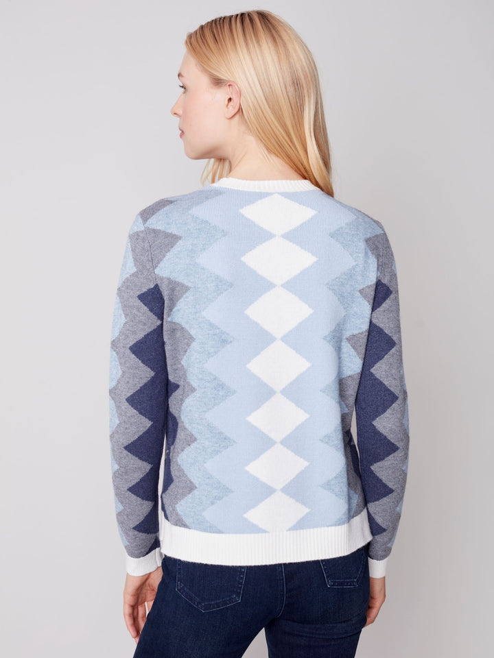 Charlie B Crew-Neck Plushy Sweater with Zig-Zag Color-Block Design
