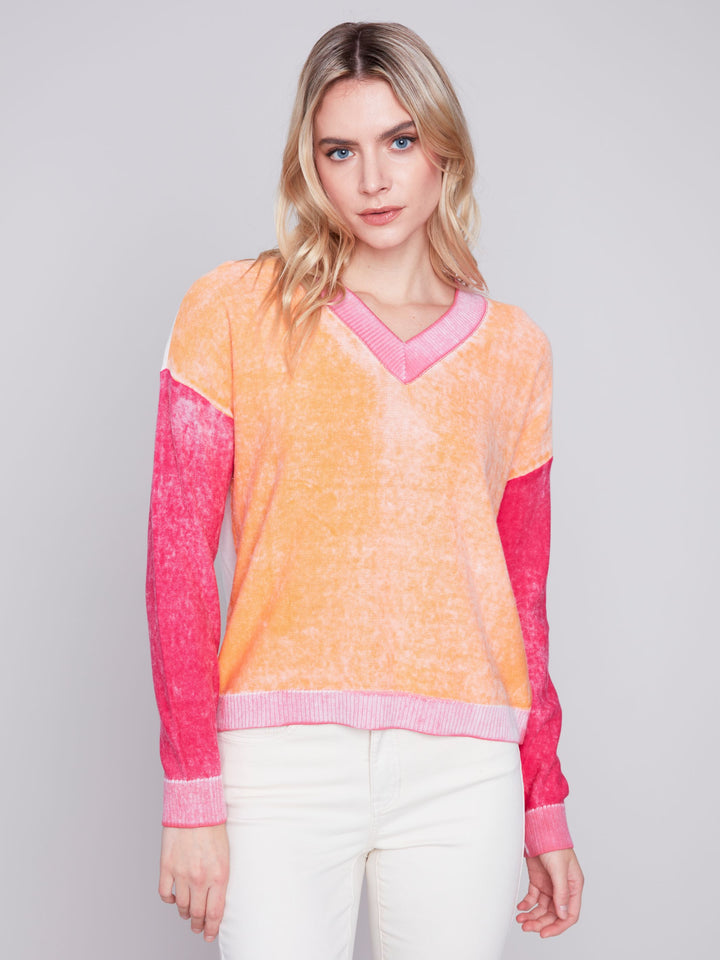 Charlie B Reverse Print Cotton Colorblock Sweater