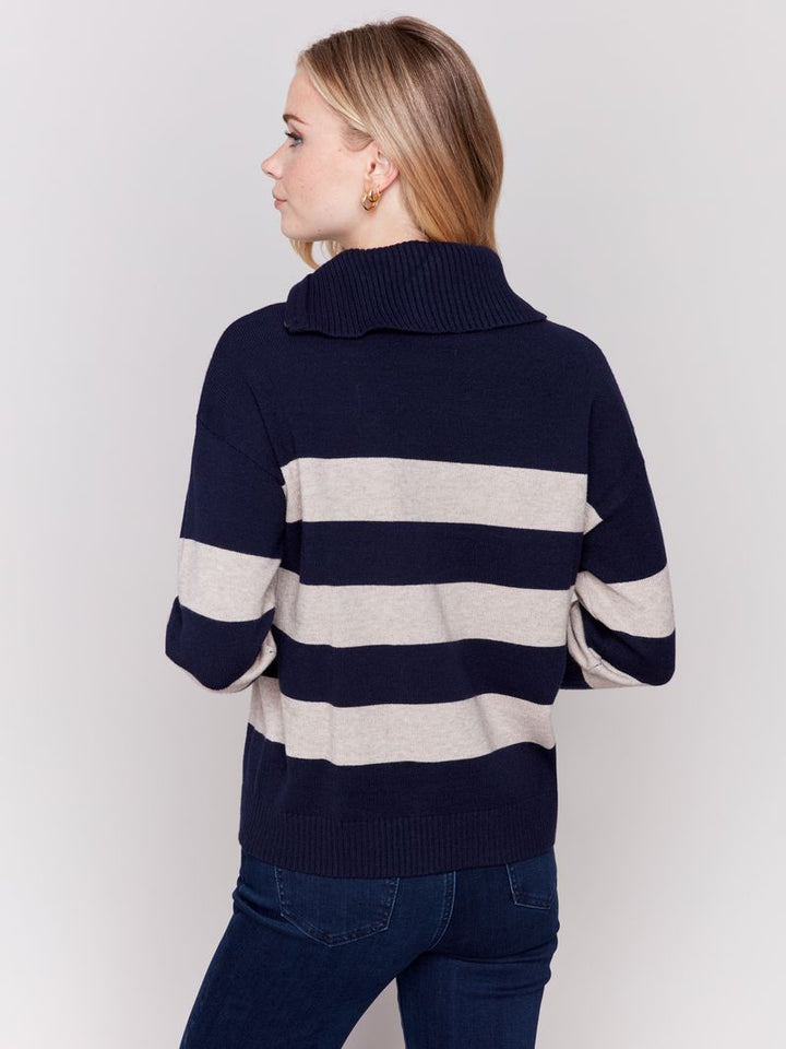 Charlie B Striped Turtleneck Sweater with Zipper Detail