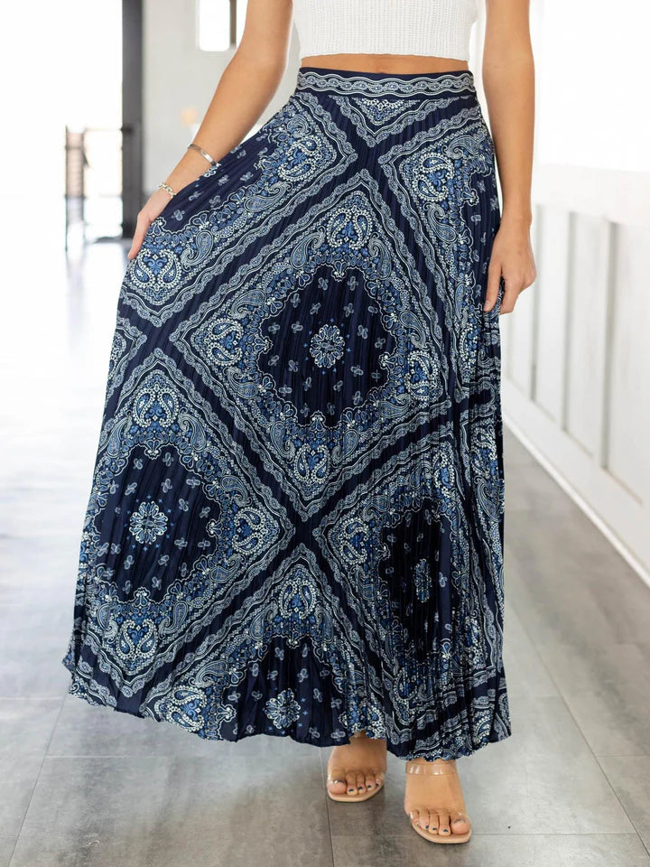 Skies Are Blue Bandana Print Pleated Midi Skirt