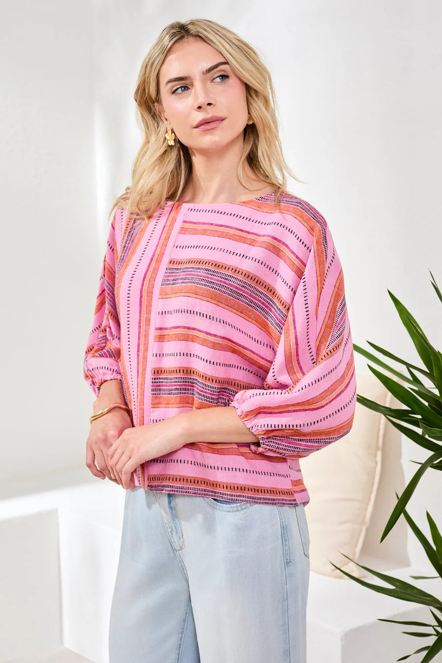Tribal Linen Boat Neck Blouse With Dolman Sleeves