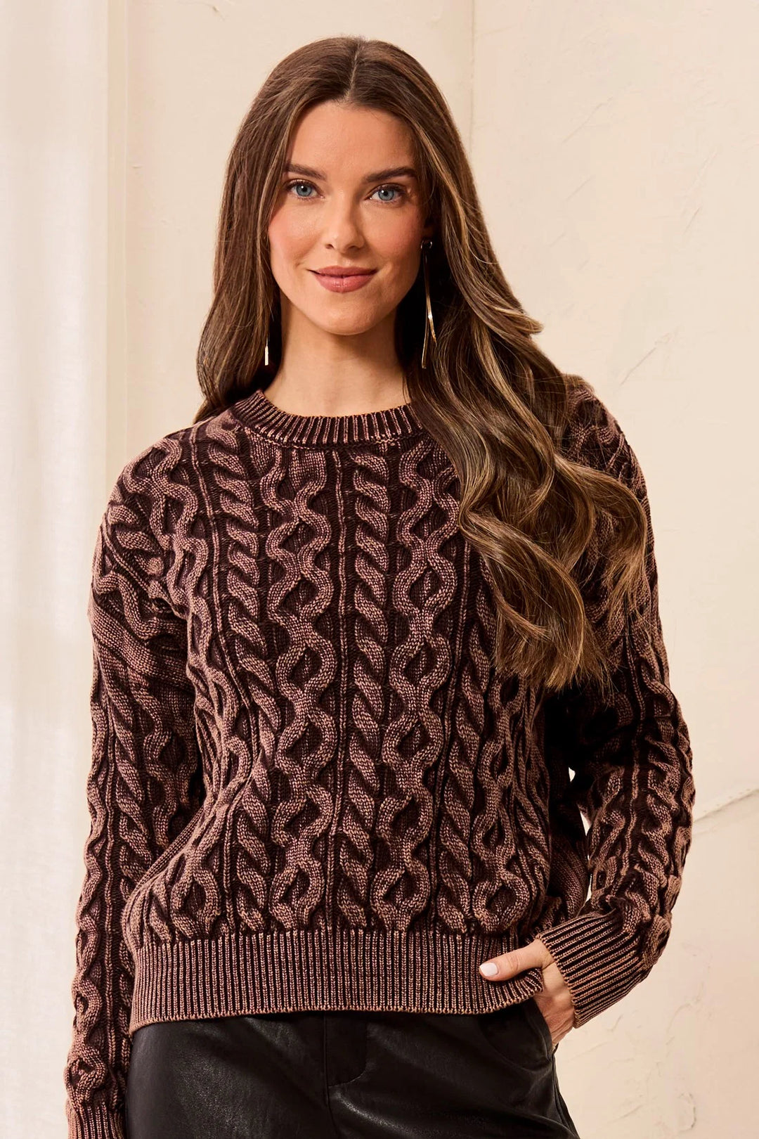 Tribal Special Wash Cable Knit Crewneck Sweater