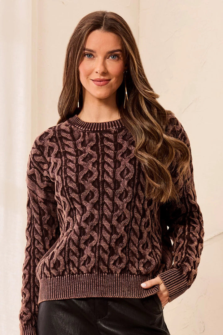 Tribal Special Wash Cable Knit Crewneck Sweater