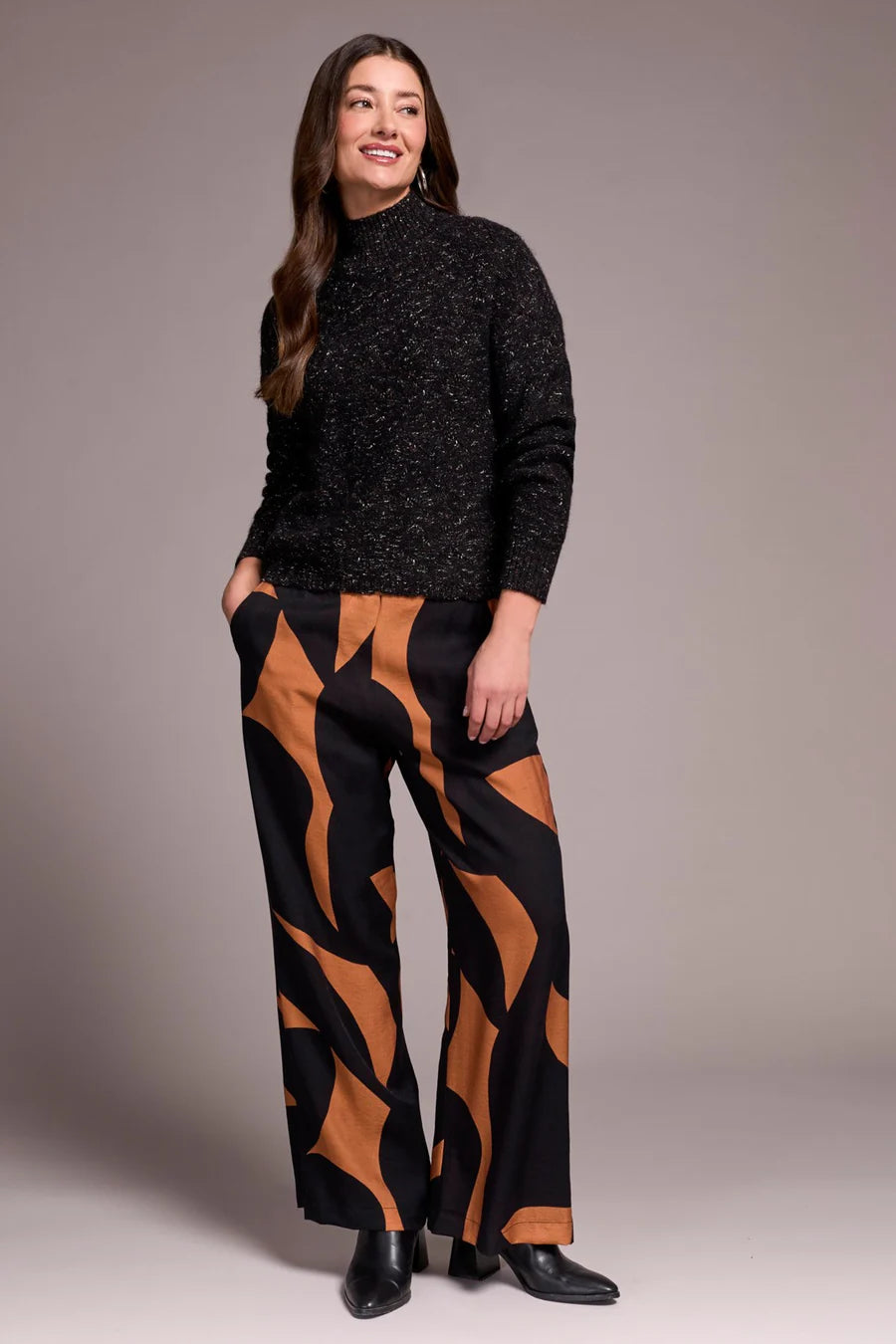 Tribal Mock Neck Puff Sleeve High Low Sweater