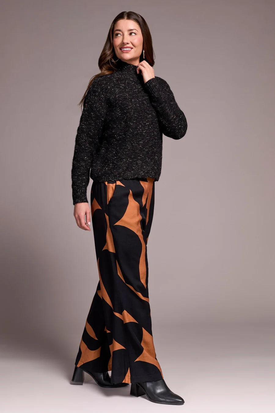 Tribal Mock Neck Puff Sleeve High Low Sweater