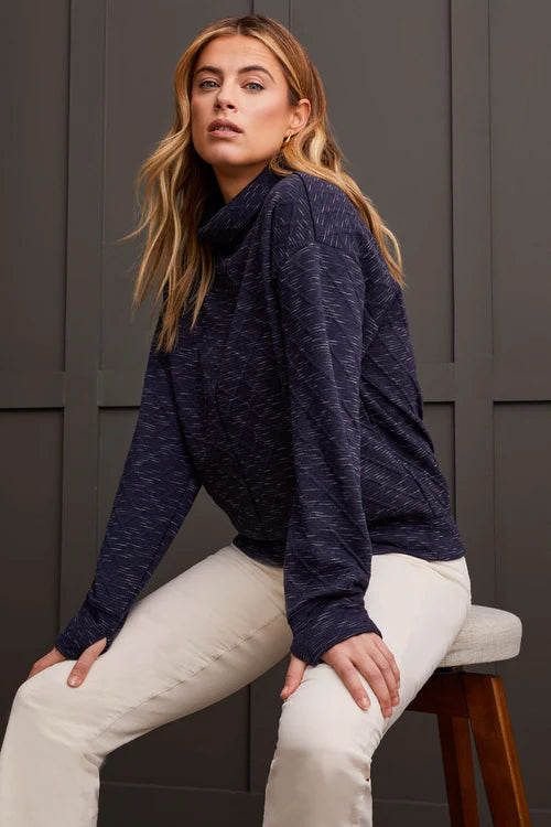 Tribal Quilted Knit Funnel Neck Top with Thumb Holes