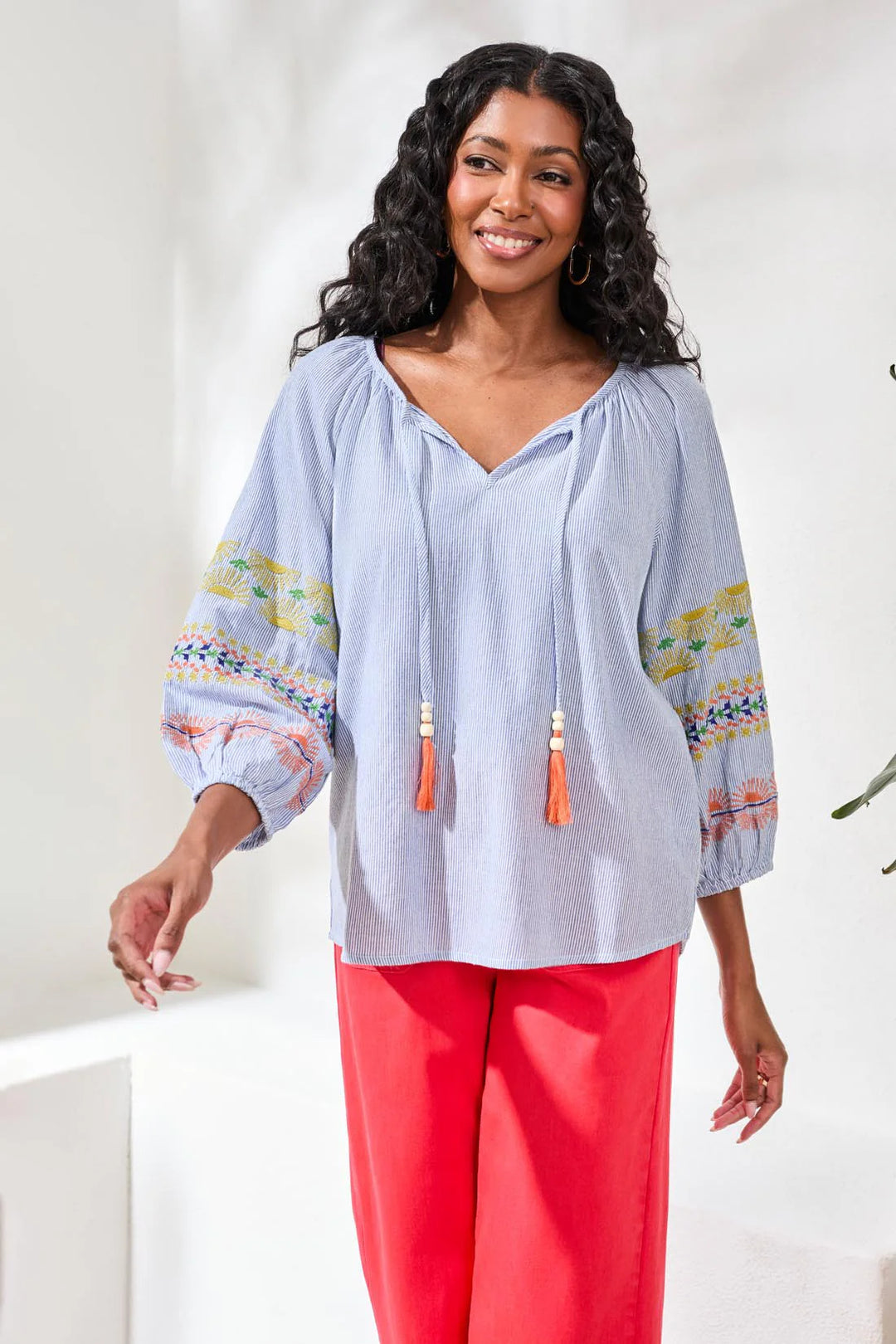 Tribal Embroidered Balloon Sleeve Tassel Tie Notch Neck Blouse