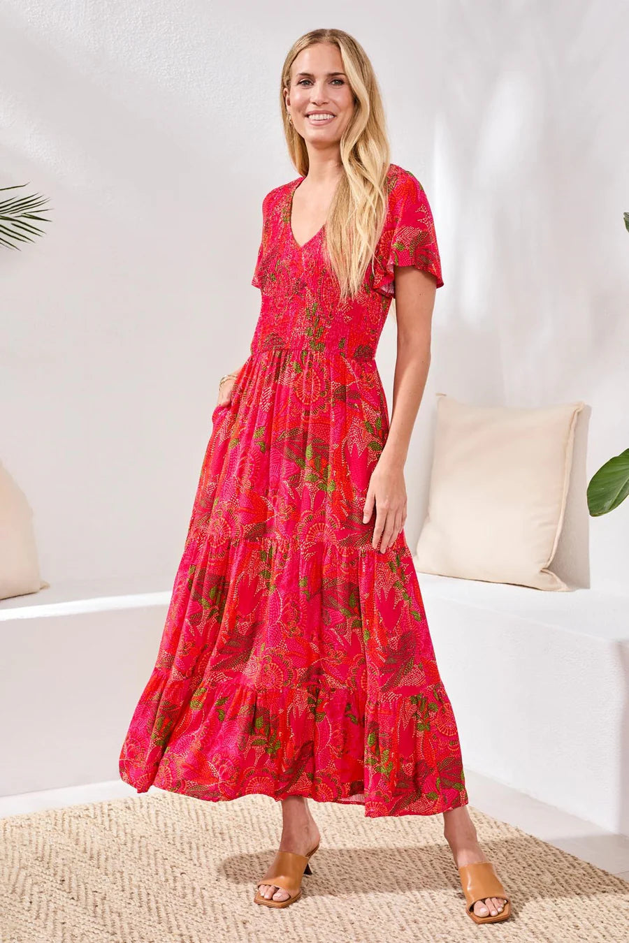 Tribal Short Sleeve Lined Ruched Top Maxi Dress