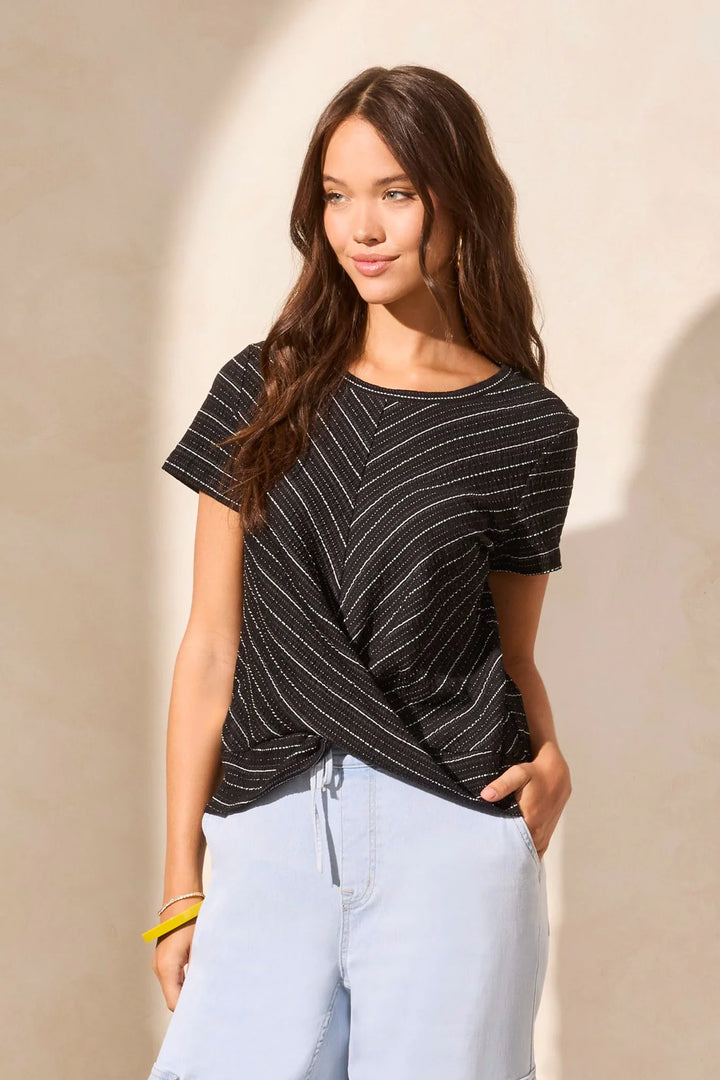 Tribal Short Sleeve Crew Neck Top with Twist Knot