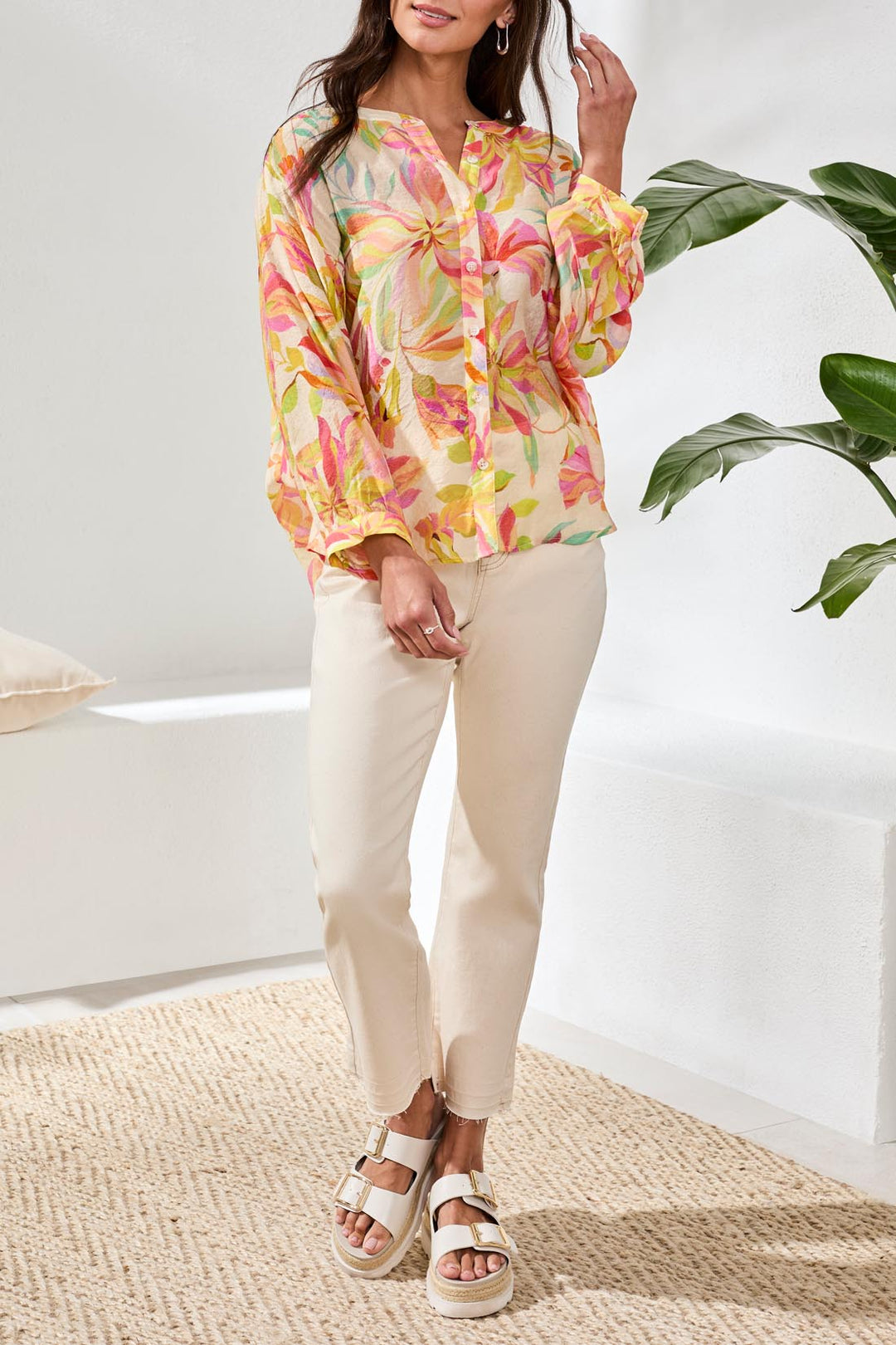 Tribal Button Flowy Dolman Button Blouse