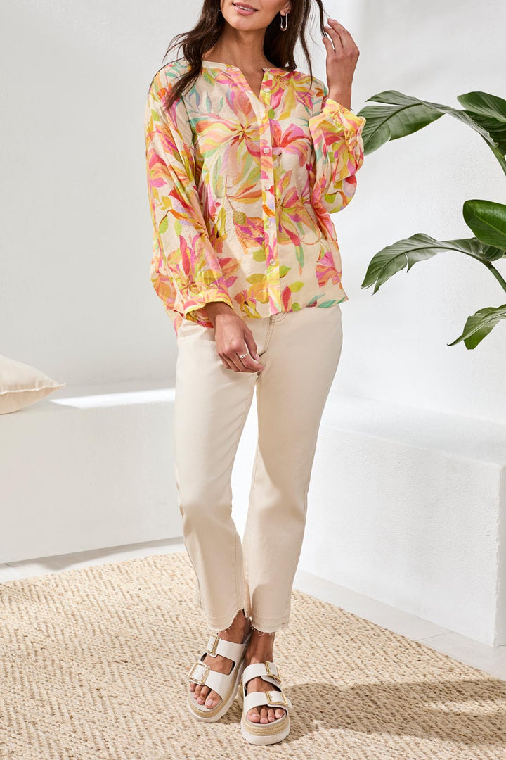 Tribal Button Flowy Dolman Button Blouse