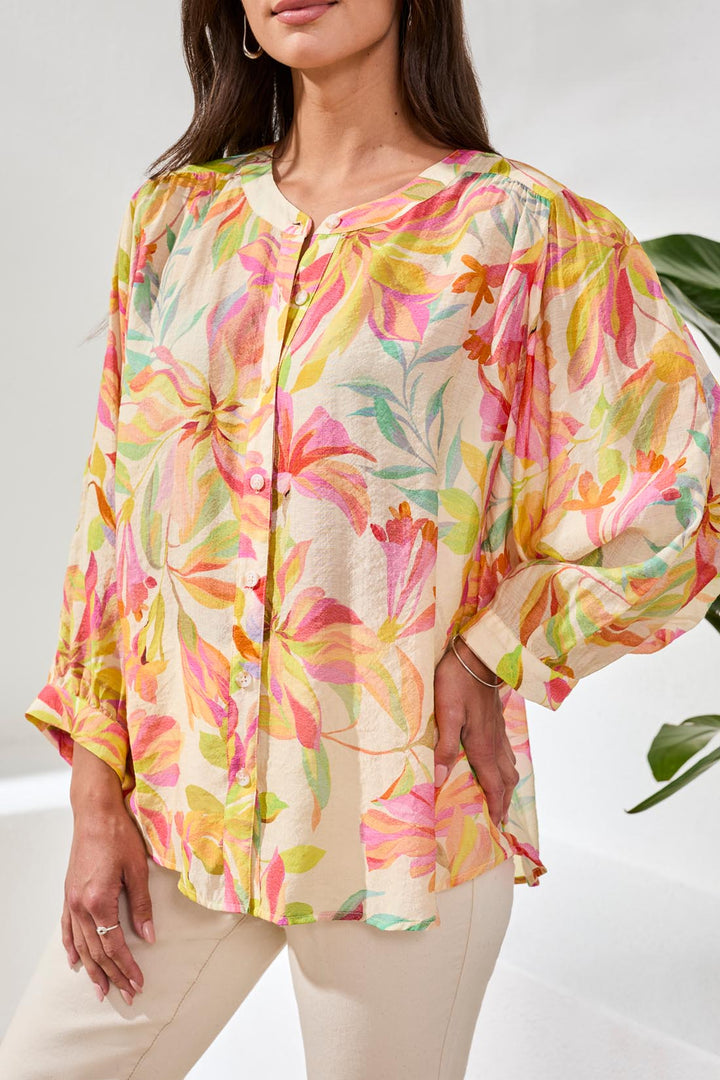 Tribal Button Flowy Dolman Button Blouse