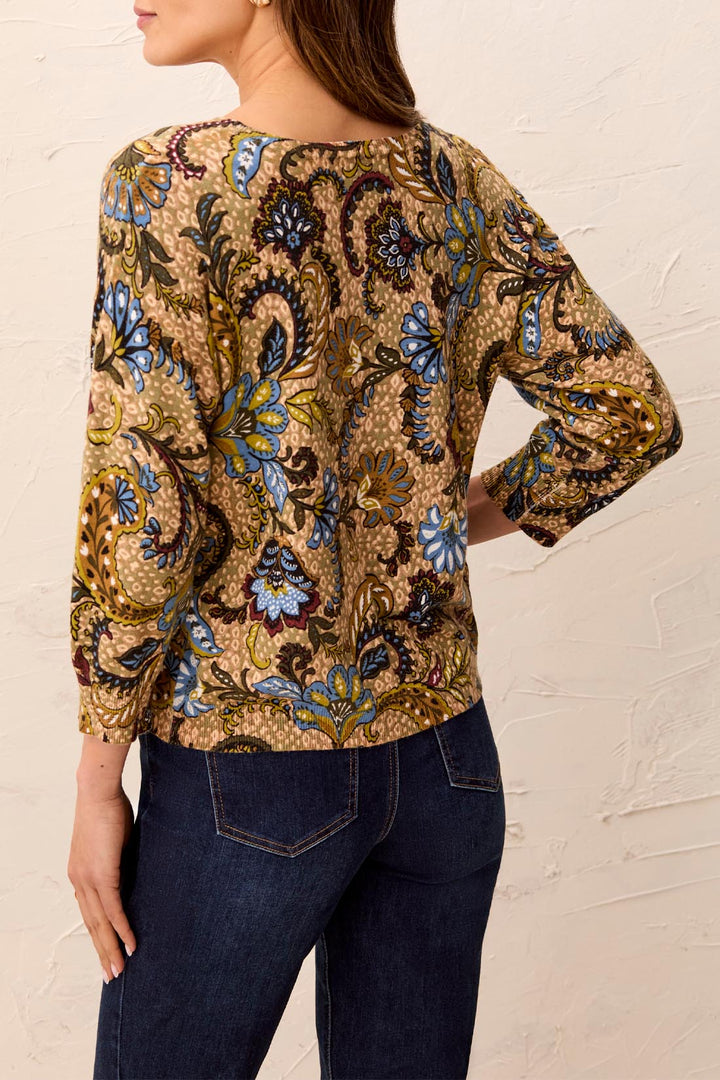 Tribal Soft Yarn 3/4 Sleeve Crewneck Sweater-Aloe