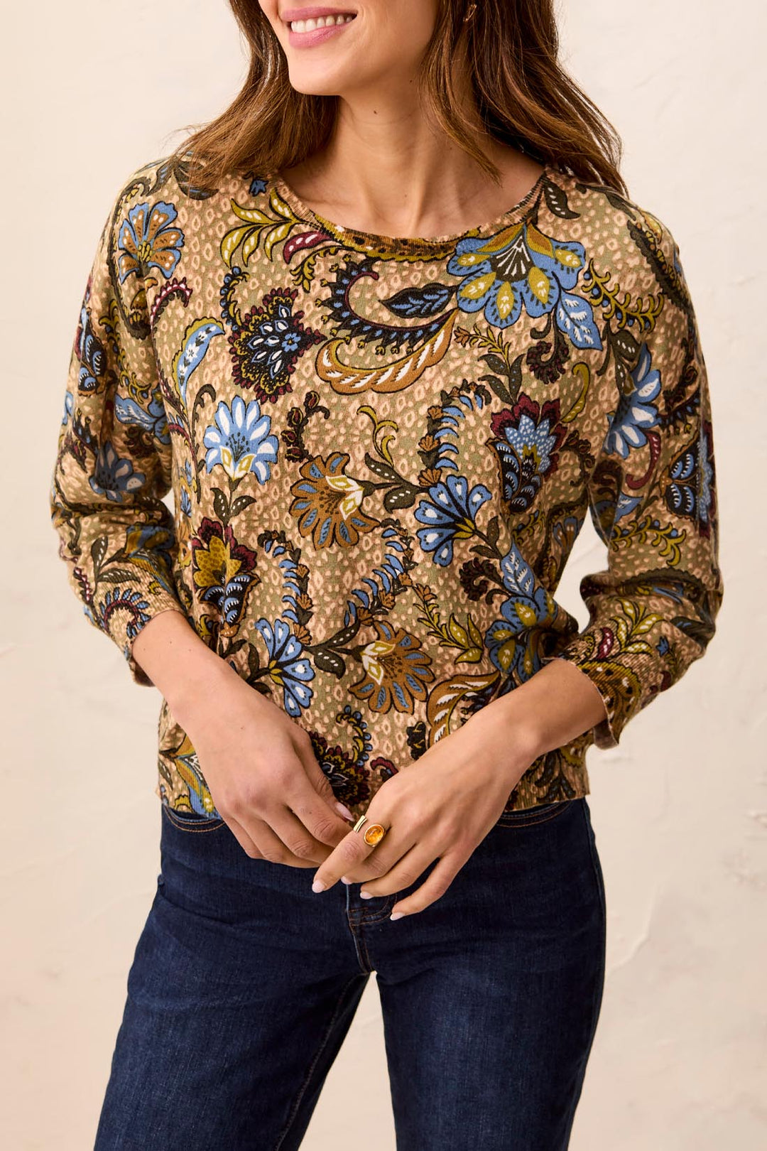 Tribal Soft Yarn 3/4 Sleeve Crewneck Sweater-Aloe