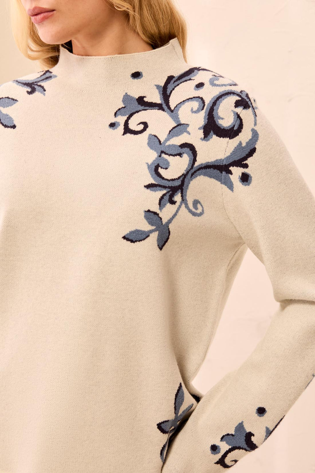 Tribal Long Sleeve Funnel Neck Sweater-Moonstone