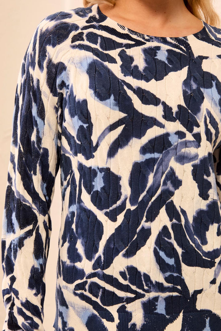 Tribal Printed Cable Cotton Crew Neck Sweater-Blue Fog
