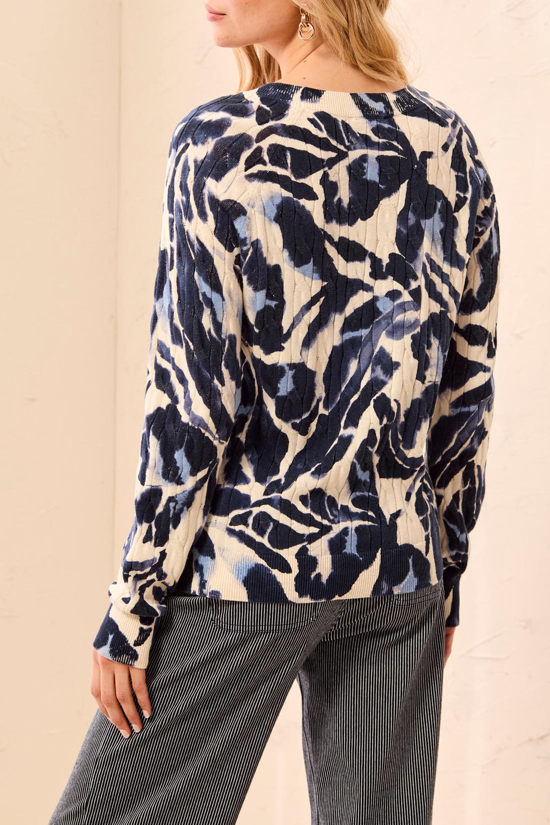Tribal Printed Cable Cotton Crew Neck Sweater-Blue Fog