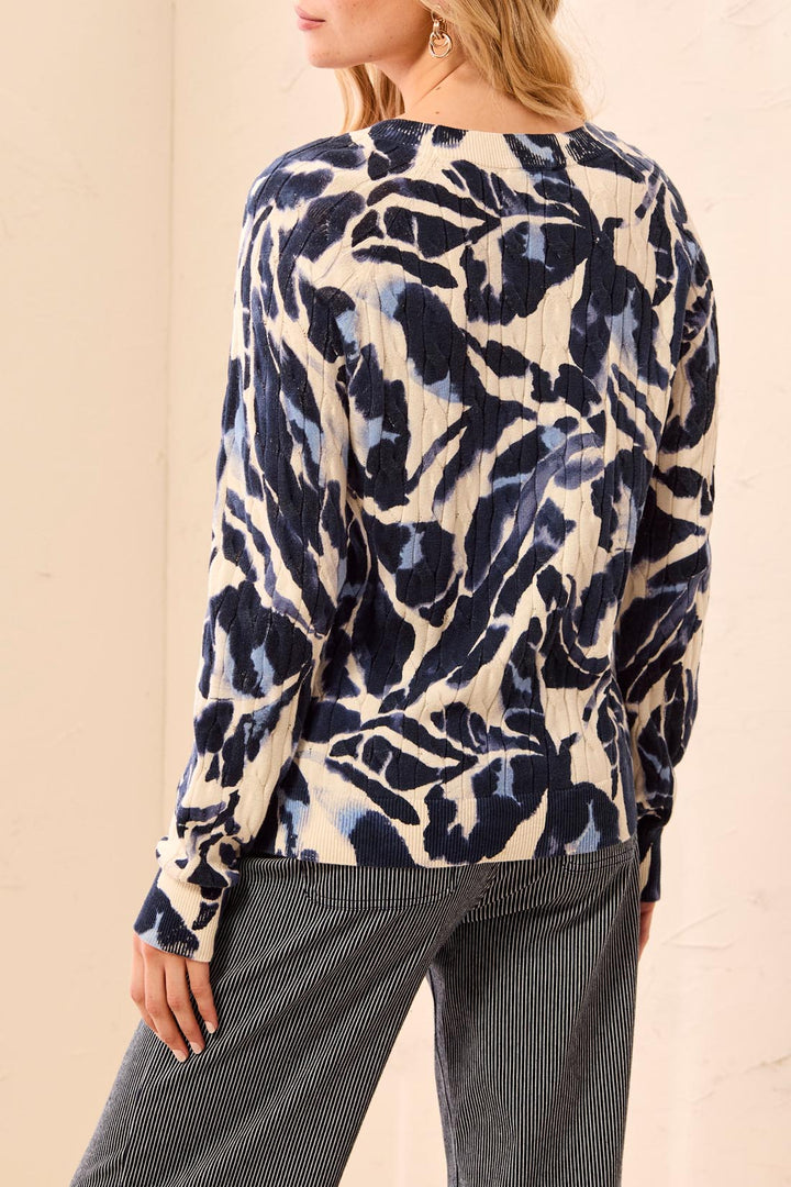 Tribal Printed Cable Cotton Crew Neck Sweater-Blue Fog