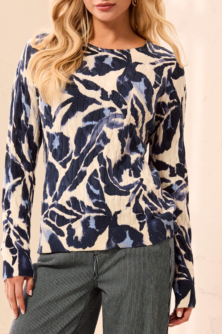 Tribal Printed Cable Cotton Crew Neck Sweater-Blue Fog