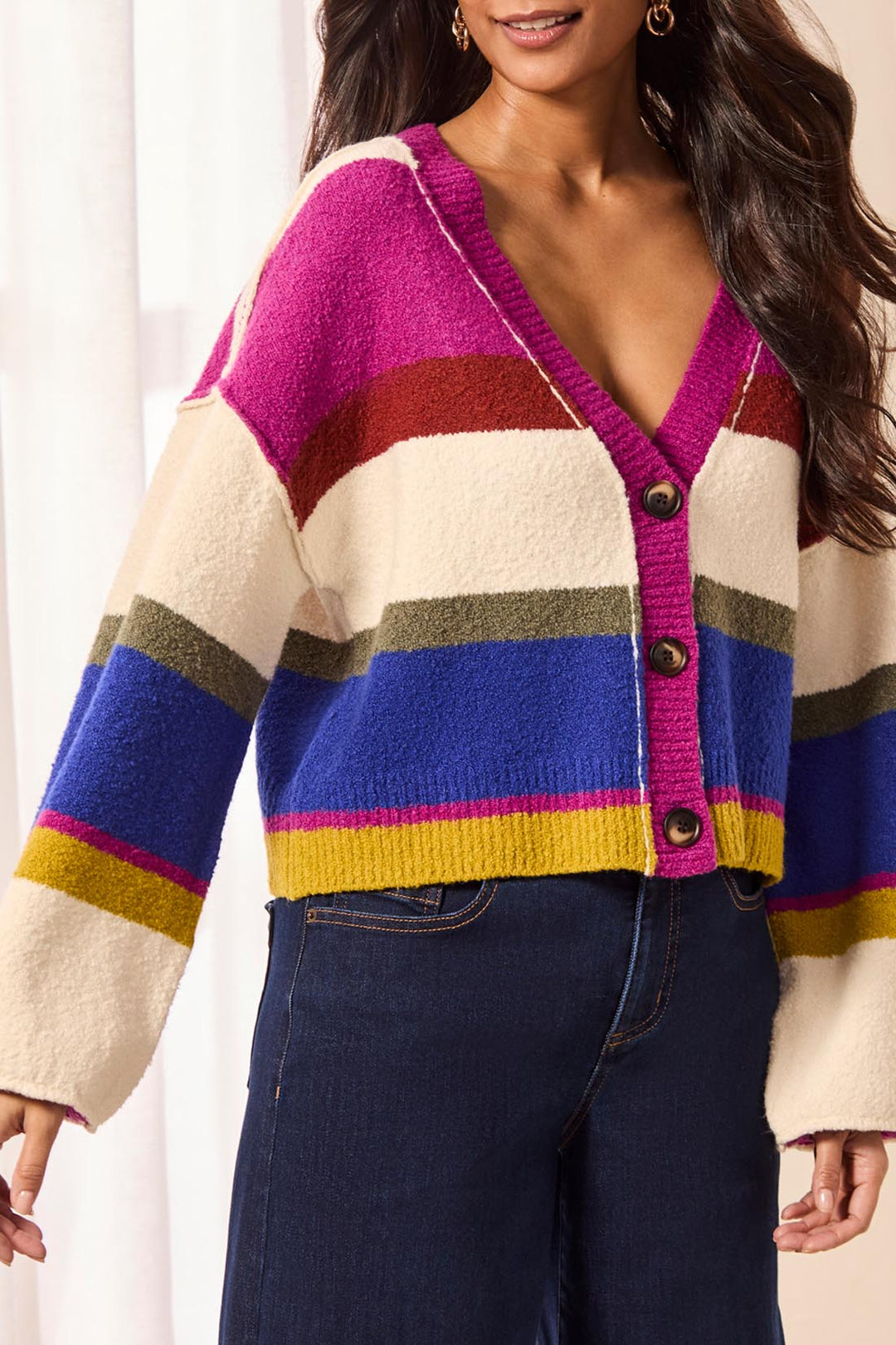 Tribal Puff Sleeve Sweater Cardigan-Cream Multi