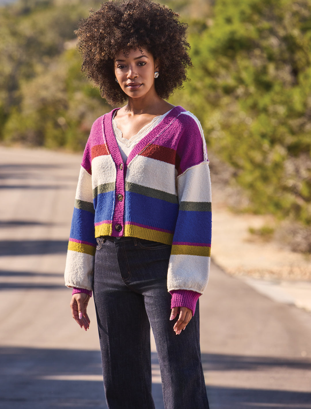 Tribal Puff Sleeve Sweater Cardigan-Cream Multi