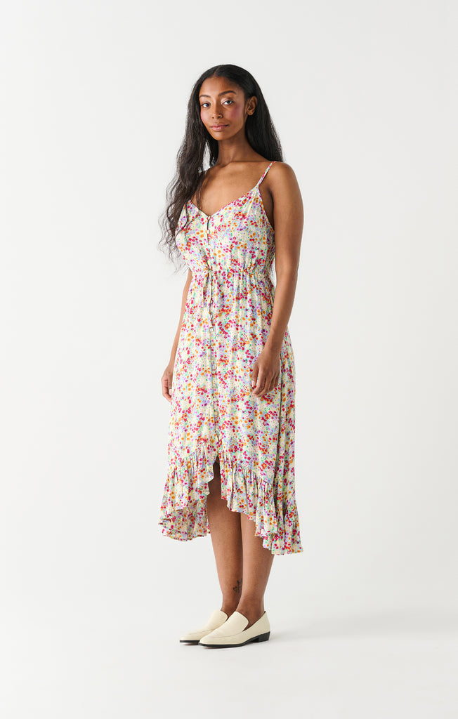 Dex Ruffle Hem Button Down Midi Dress Rainbow Multi Floral / S / Midi Dress