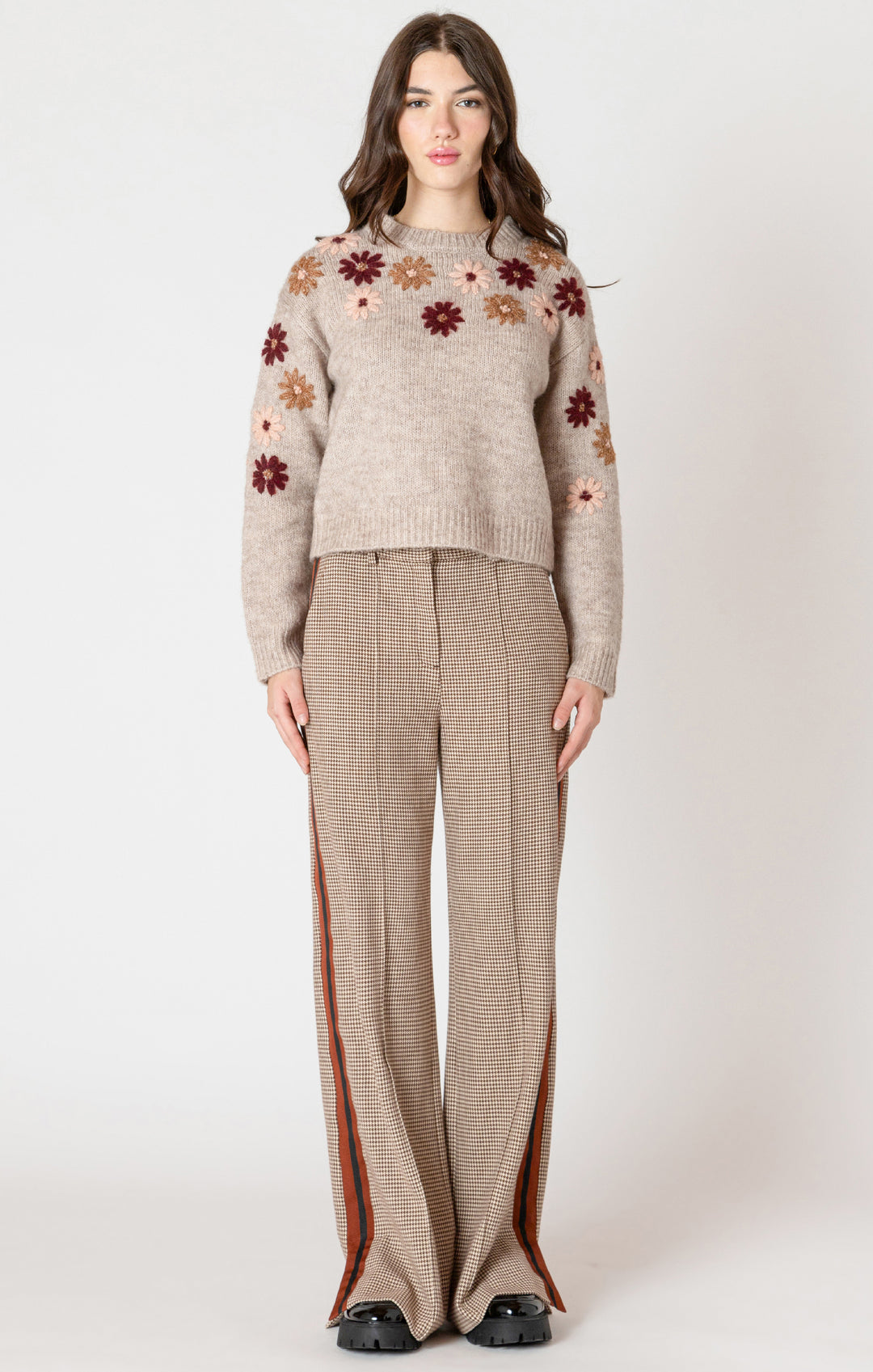 Black Tape Crewneck Floral Applique Sweater