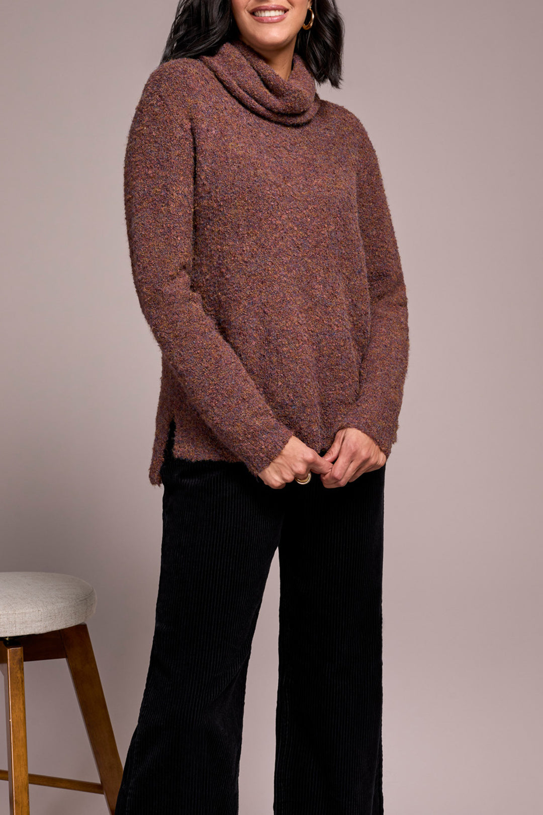 Tribal Cowl Neck Sweater with Side Slits