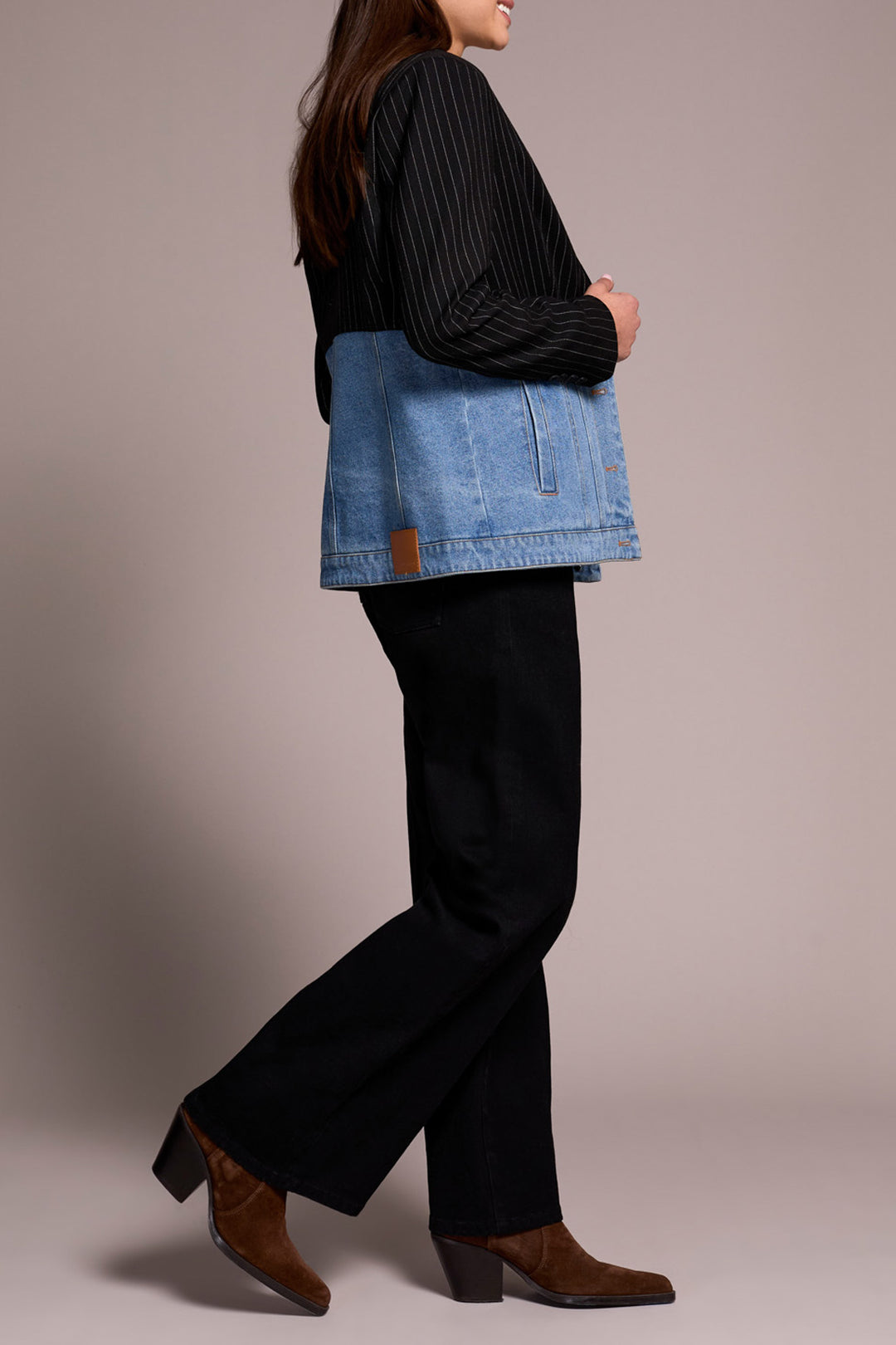 Tribal Mix Media Pin Stripe and Denim Blazer