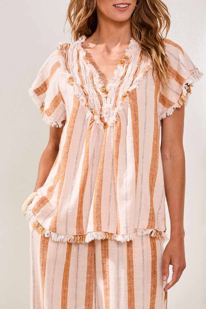 Tribal Short Sleeve Blouse with Smocking