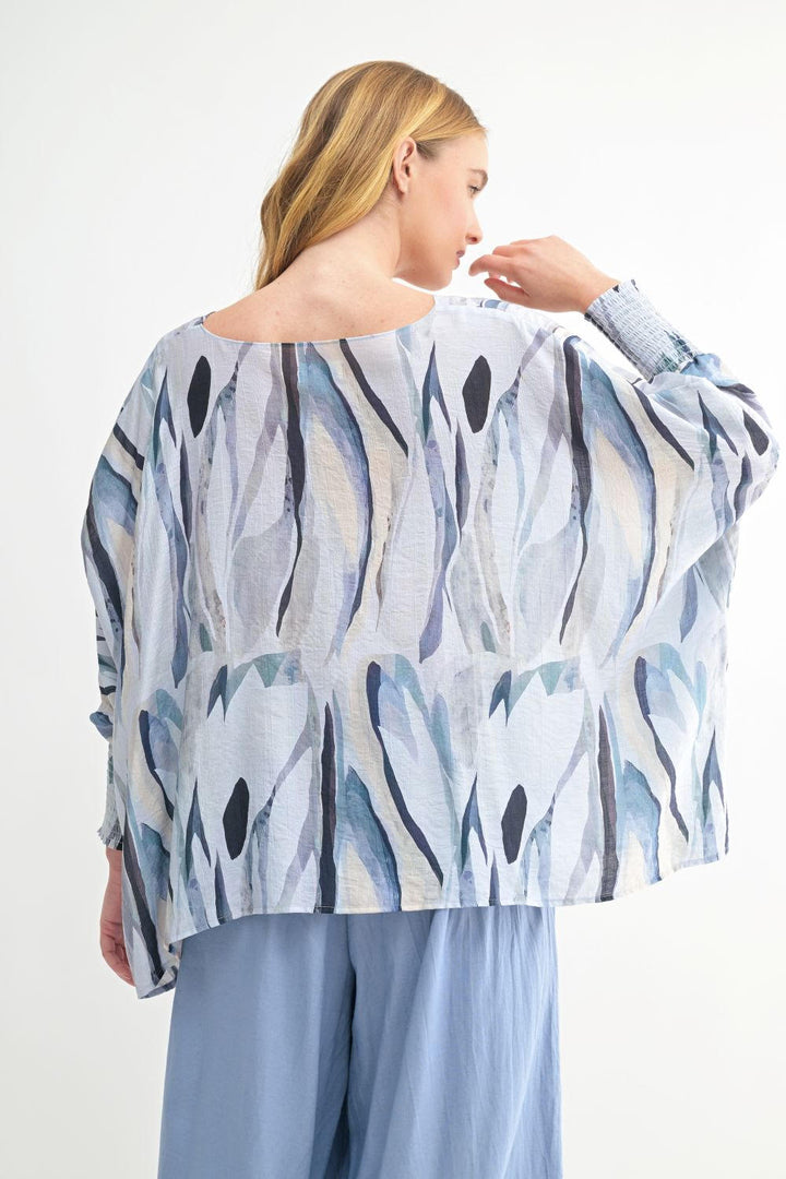 Fun2Fun Abstract Print Smocked Cuff Sleeve Oversized Top