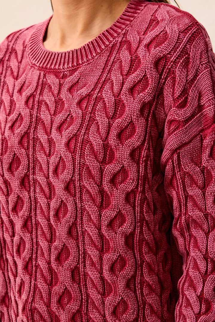 Tribal Special Wash Cable Knit Crewneck Sweater
