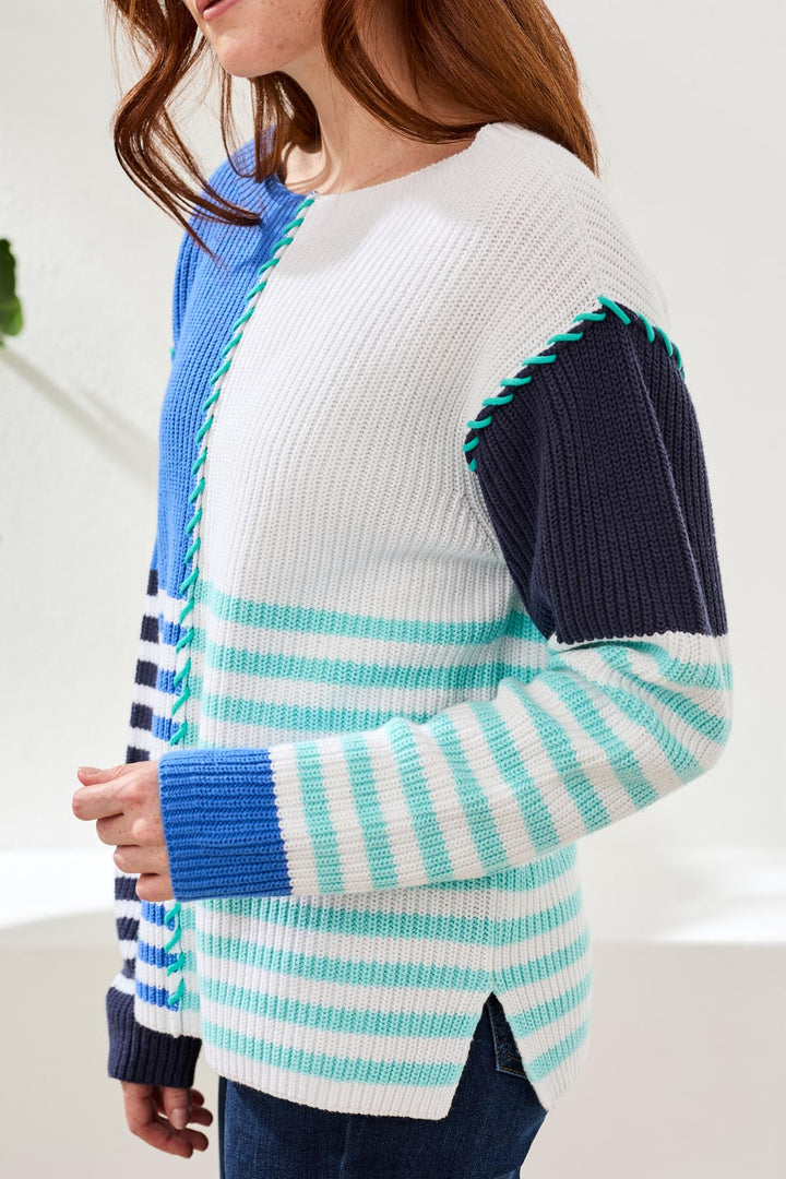 Tribal Textured Multi-Striped Boatneck Sweater