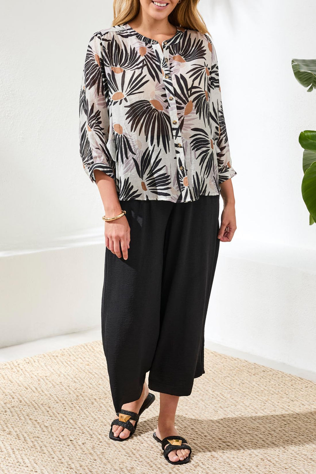 Tribal Button Flowy Dolman Button Blouse
