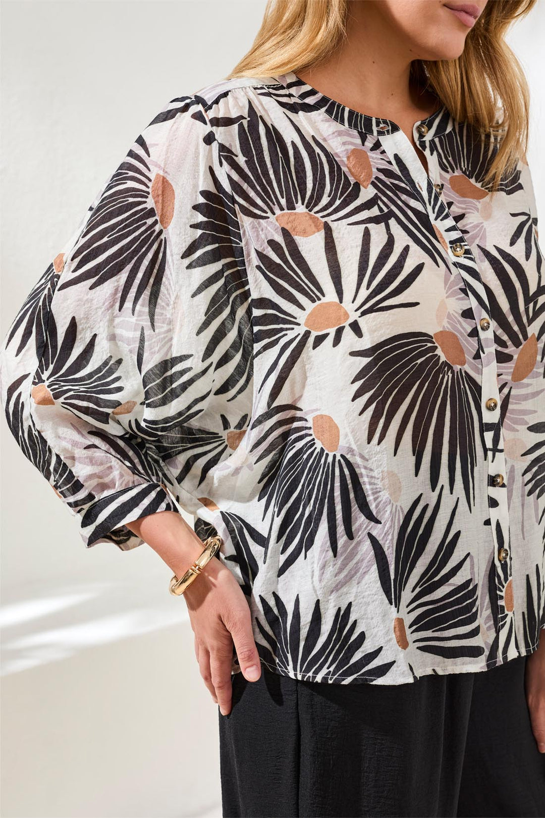Tribal Button Flowy Dolman Button Blouse