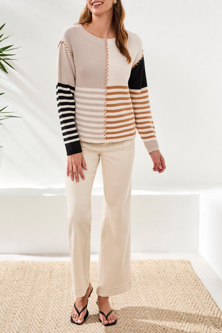 Tribal Textured Multi-Striped Boatneck Sweater