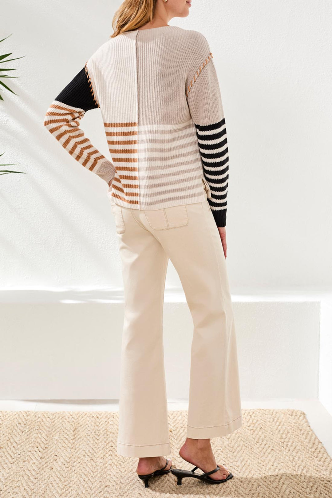 Tribal Textured Multi-Striped Boatneck Sweater